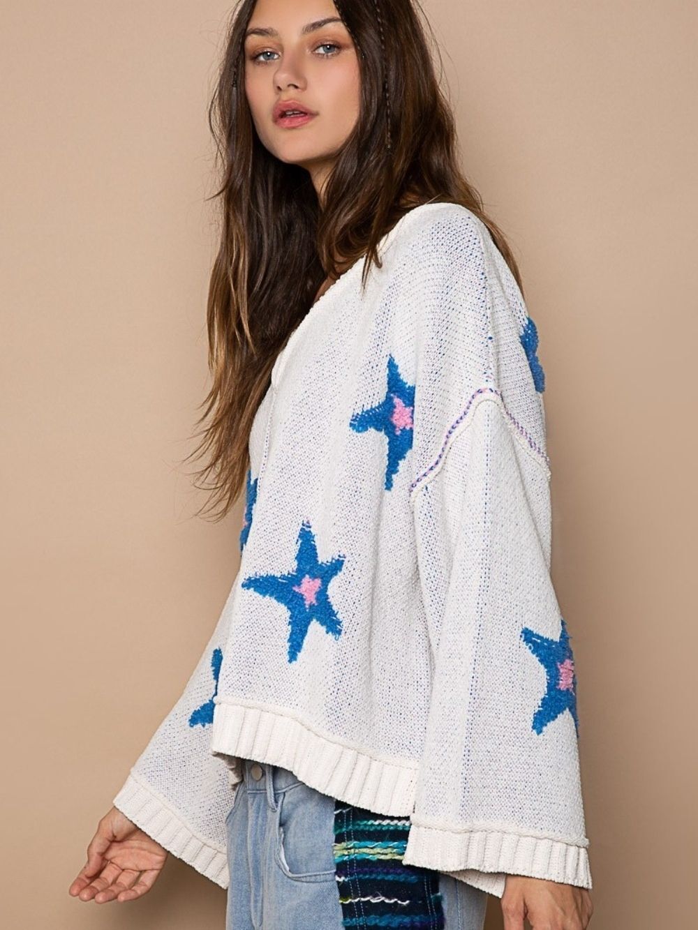 POL White Star-Print Knit Cover-Up Sweater sz Large
